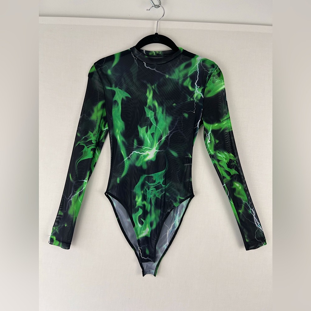 SHEIN Smoke & Lightning Print Bodysuit Without Bra Women’s Size Small